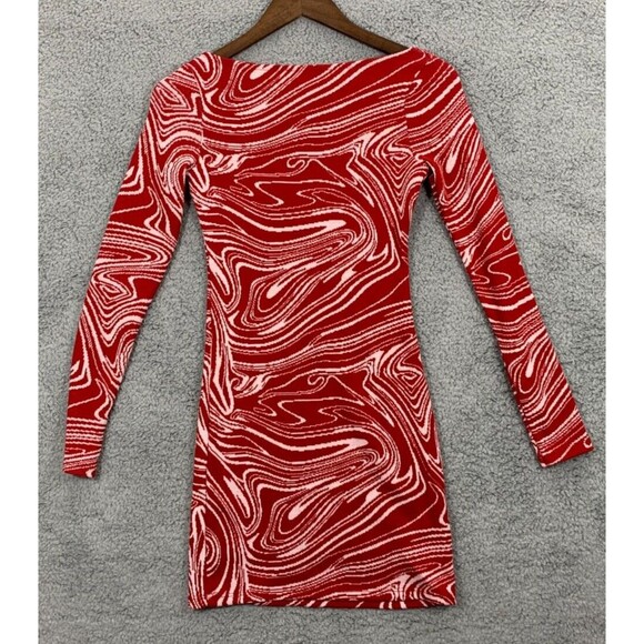 Zara Red Dress Small Jacquard Knit Sweetheart Neck Marble Swirl Conforming - Picture 6 of 14